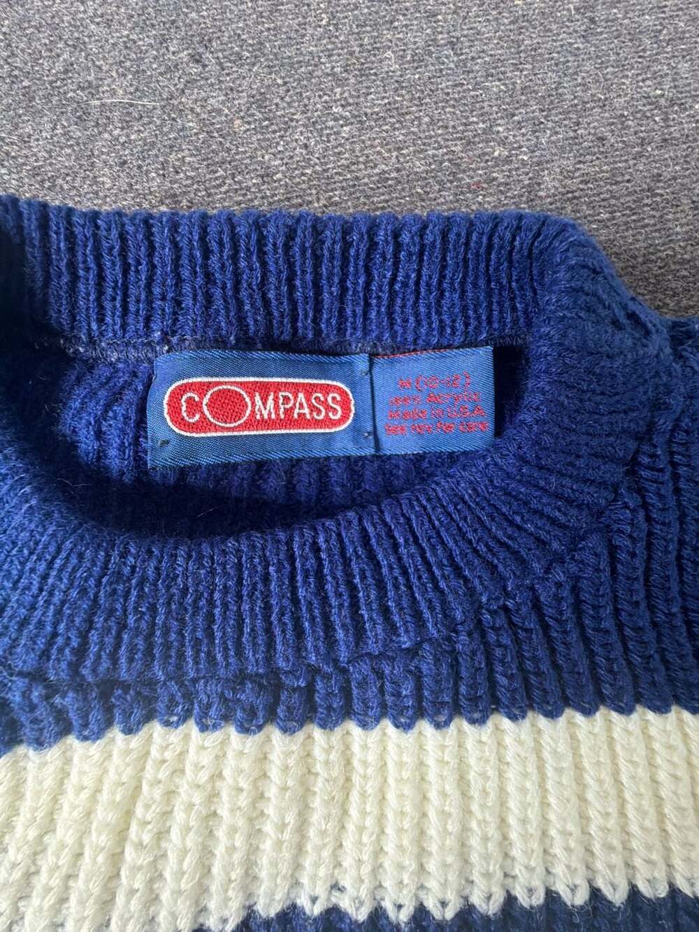 Vintage Compass Blue and White Striped Acrylic Pullover Sweater Made in USA